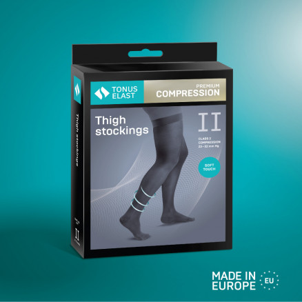 Elastic medical compression thigh stockings, especially soft, unisex. Soft