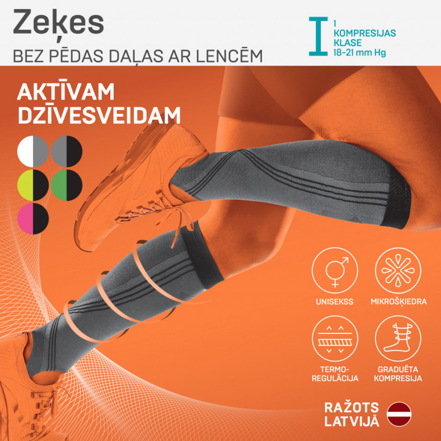 Kompresijas getras bez pēdas daļas sportam un aktīvam dzīvesveidam, ar lencēm, unisekss. Active Kompresijas getras bez pēdas daļas sportam un aktīvam dzīvesveidam, ar lencēm, unisekss. Active