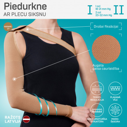 Medical compression arm sleeve with shoulder strap. LUX