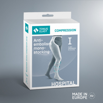 Medical compression mono-stocking with inspection opening, anti-embolism, with fastener on the waistline, unisex. Hospital