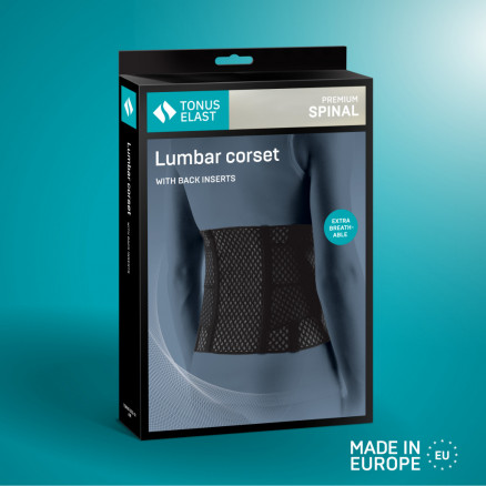 Medical elastic lumbar fixation corset from breathable and durable material with stiff inserts and straps for regulating compression. AIR