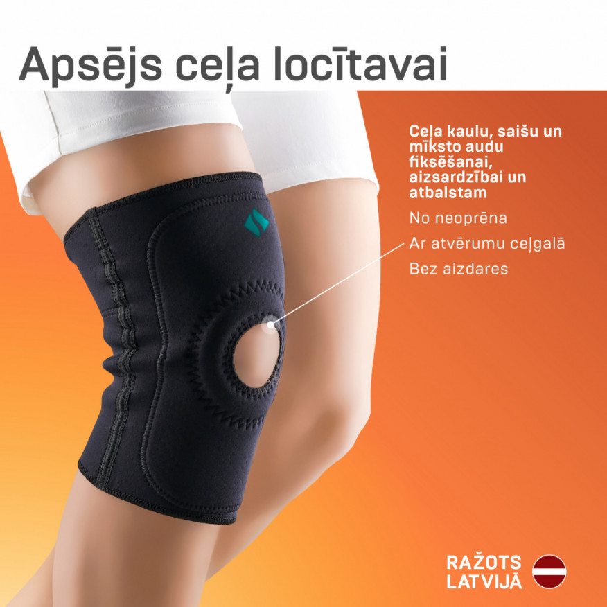 Medicīniskais apsējs no neoprēna (ortoze) ceļa locītavas fiksācijai, ar atsegtu ceļgalu Medicīniskais apsējs no neoprēna (ortoze) ceļa locītavas fiksācijai, ar atsegtu ceļgalu