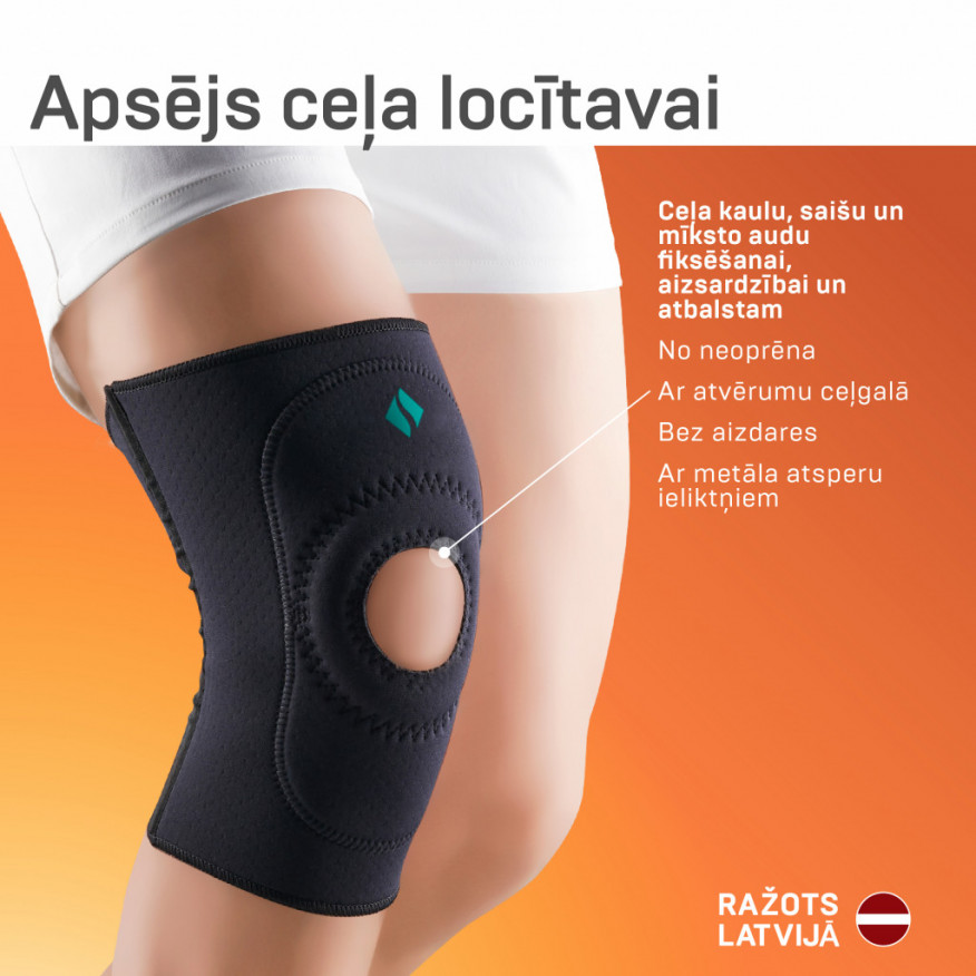 Medicīniskais apsējs no neoprēna (ortoze)  ceļa locītavas fiksācijai, ar metāliskiem, atsperveida ieliktņiem sānos Medicīniskais apsējs no neoprēna (ortoze)  ceļa locītavas fiksācijai, ar metāliskiem, atsperveida ieliktņiem sānos