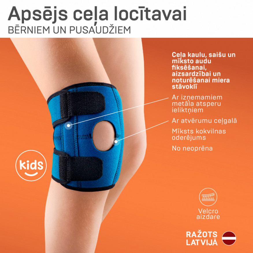 Medicīniskais elastīgais apsējs no neoprēna (ortoze) ceļa locītavas fiksācijai, ar atsegtu ceļgalu un  atsperveida metāla ieliktņiem sānos, bērnu, universāls. LUX Medicīniskais elastīgais apsējs no neoprēna (ortoze) ceļa locītavas fiksācijai, ar atsegtu ceļgalu un  atsperveida metāla ieliktņiem sānos, bērnu, universāls. LUX