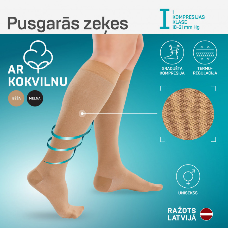 Medicīniskās kompresijas pusgarās zeķes ar kokvilnu, unisekss. Ikdienai un ceļošanai. Cotton Medicīniskās kompresijas pusgarās zeķes ar kokvilnu, unisekss. Ikdienai un ceļošanai. Cotton