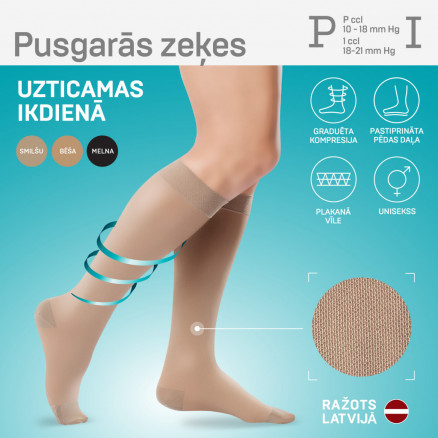Medicīniskās kompresijas pusgarās zeķes, unisekss. *Akcija attiecas, tikai uz profilaktisko kompresijas klasi!