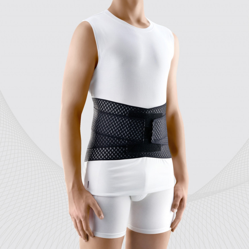 Corset de fixation lombaire élastique médicale à partir de matériaux respirables et durables avec inserts et sangles rigides pour réguler la compression. AIR Corset de fixation lombaire élastique médicale à partir de matériaux respirables et durables avec inserts et sangles rigides pour réguler la compression. AIR