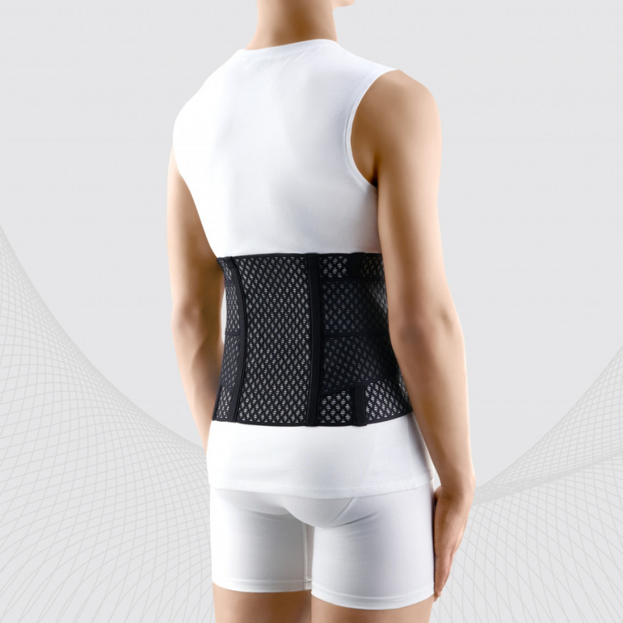 Cortocircuito de fijación lumbar elástica médica de material respirable y duradero con inserciones y correas rígidas para regular la compresión. AIRE Cortocircuito de fijación lumbar elástica médica de material respirable y duradero con inserciones y correas rígidas para regular la compresión. AIRE