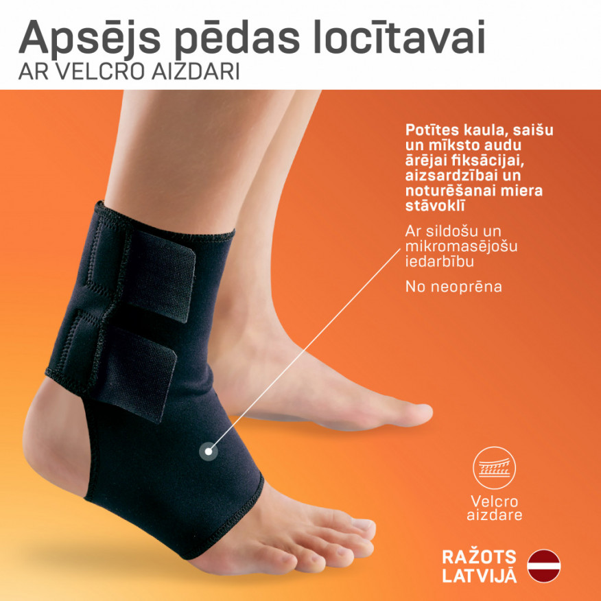 Medicīniskais elastīgais apsējs no neoprēna (ortoze) pēdas locītavas fiksācijai, ar līplenti.