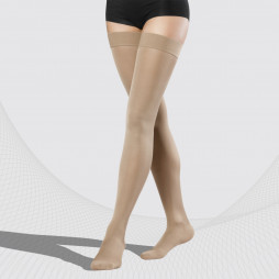 Elastic medical compression thigh stockings, especially soft, unisex. Soft