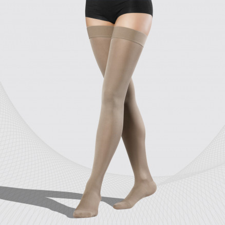 Elastic medical compression thigh stockings, especially soft, unisex. Soft