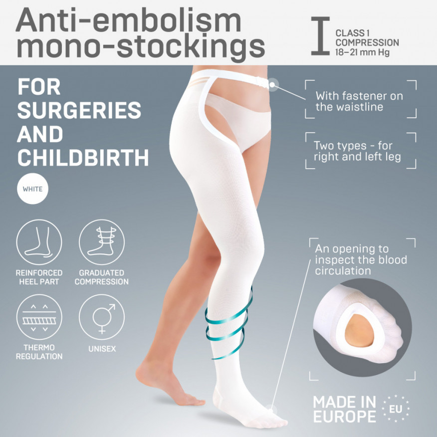 Kompresja medyczna monopończochy z otworem kontrolnym, antyzatorowością, z zapięciem na talii, unisex. Szpital Kompresja medyczna monopończochy z otworem kontrolnym, antyzatorowością, z zapięciem na talii, unisex. Szpital