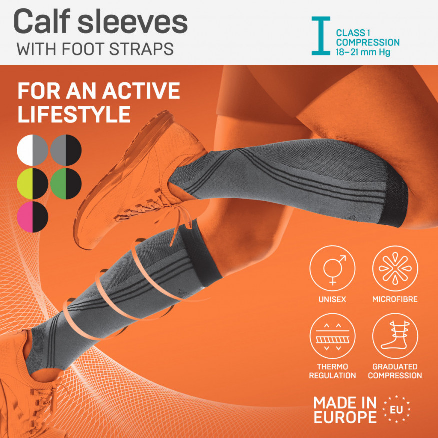 Manchons de veaux de compression pour le sport et le mode de vie actif, avec sangles pour les pieds, unisexe. Actif Manchons de veaux de compression pour le sport et le mode de vie actif, avec sangles pour les pieds, unisexe. Actif