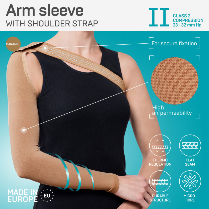 Medical compression arm sleeve with shoulder strap. LUX Medical compression arm sleeve with shoulder strap. LUX