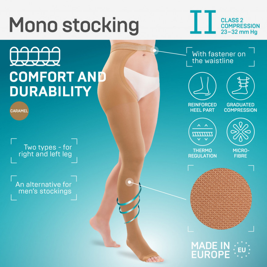 Medical compression mono-stockings without toecap, with fastener on the waistline, unisex. LUX