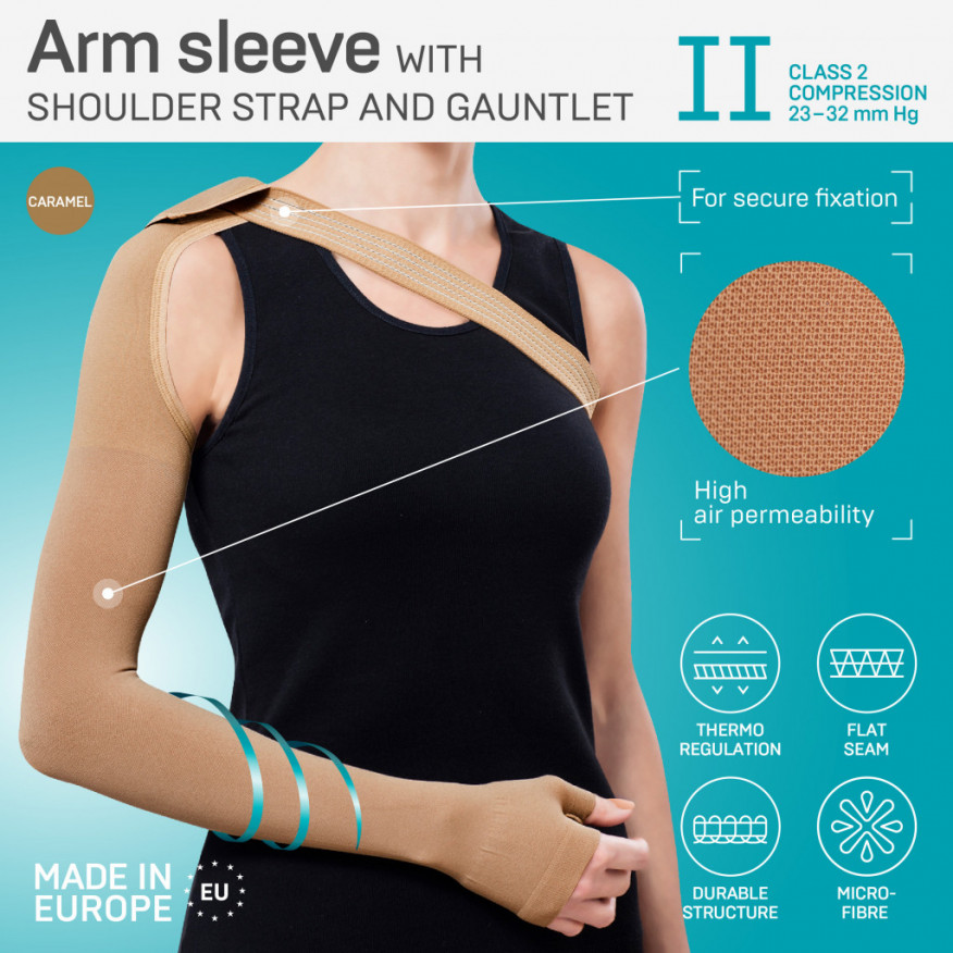 Medicinsk kompressionsärm med axelrem och halvöppen hand, LUX Medicinsk kompressionsärm med axelrem och halvöppen hand, LUX