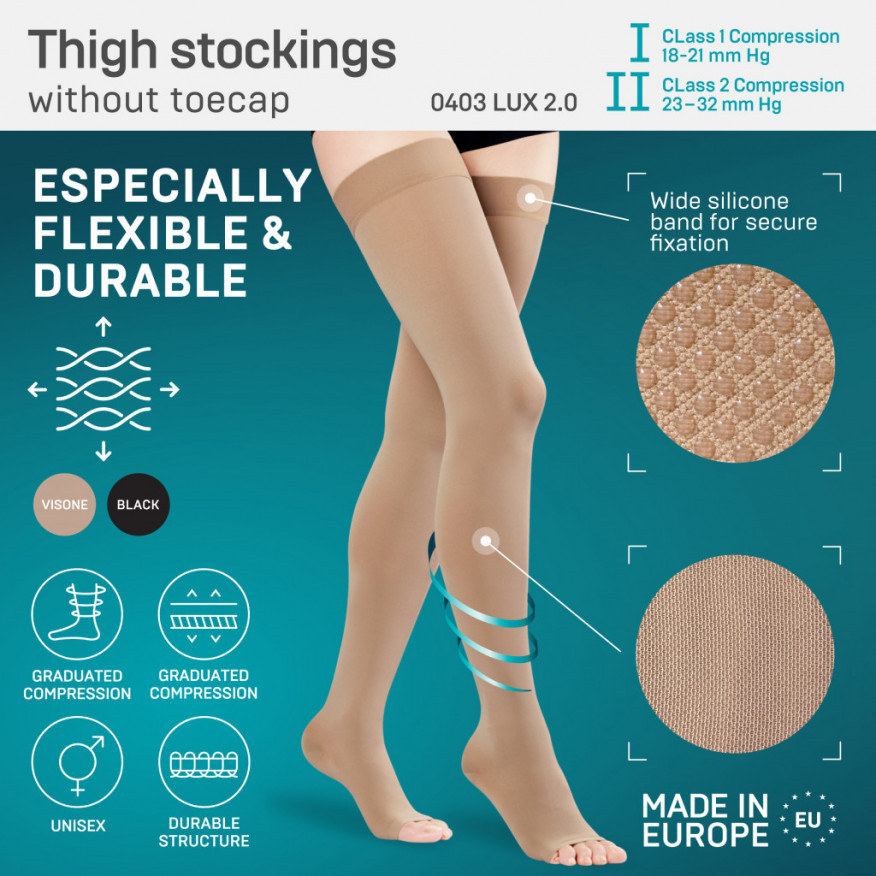 Medical compression thigh stockings without toecap, unisex. LUX 2.0