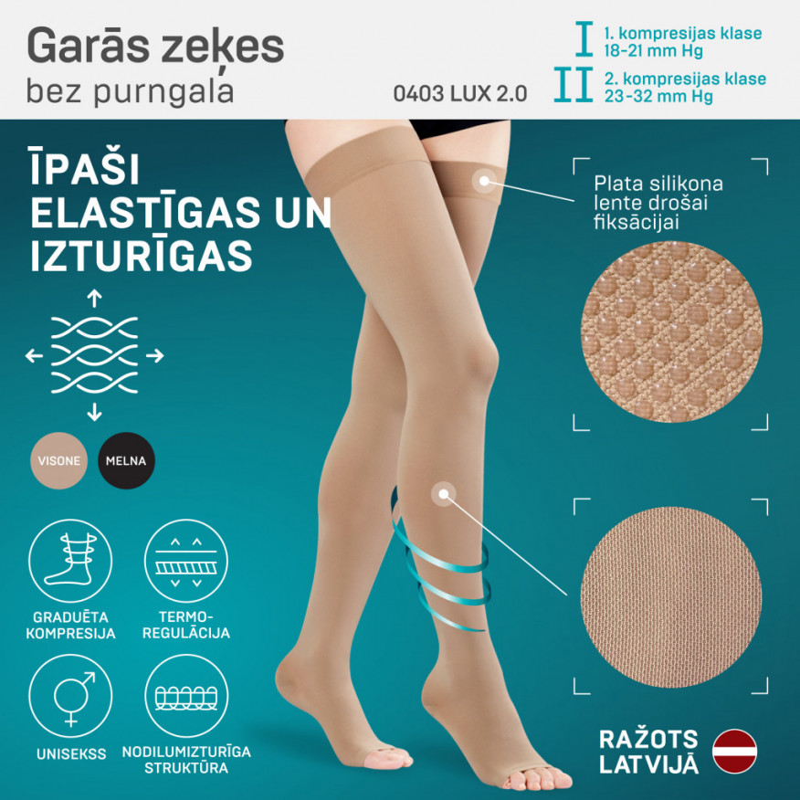 Medicīniskās  kompresijas garās zeķes bez purngala, unisekss. LUX 2.0