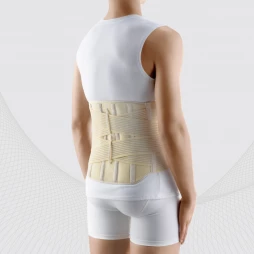 Corset de fixation lombaire élastique médicale avec inserts métalliques et sangles de réglage de la compression renforcées. Confort
