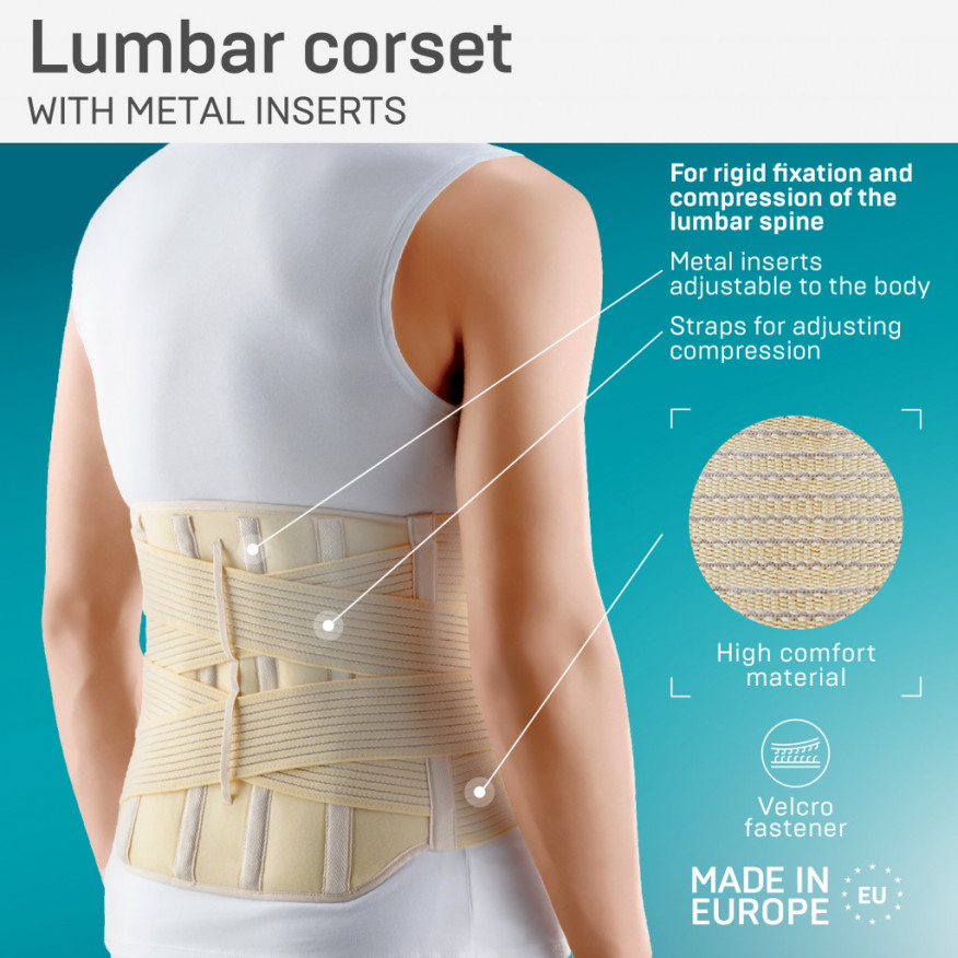 Corset de fixation lombaire élastique médicale avec inserts métalliques et sangles de réglage de la compression renforcées. Confort Corset de fixation lombaire élastique médicale avec inserts métalliques et sangles de réglage de la compression renforcées. Confort