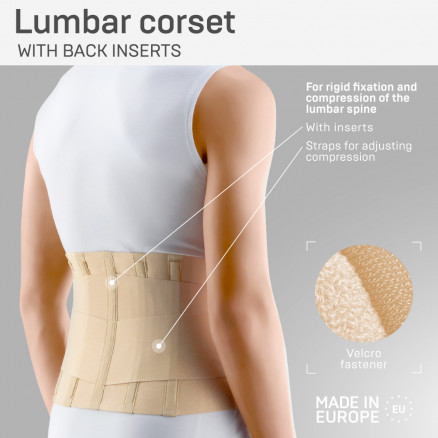 Medical elastic lumbar fixation corset with stiff inserts and straps for regulating  compression.
