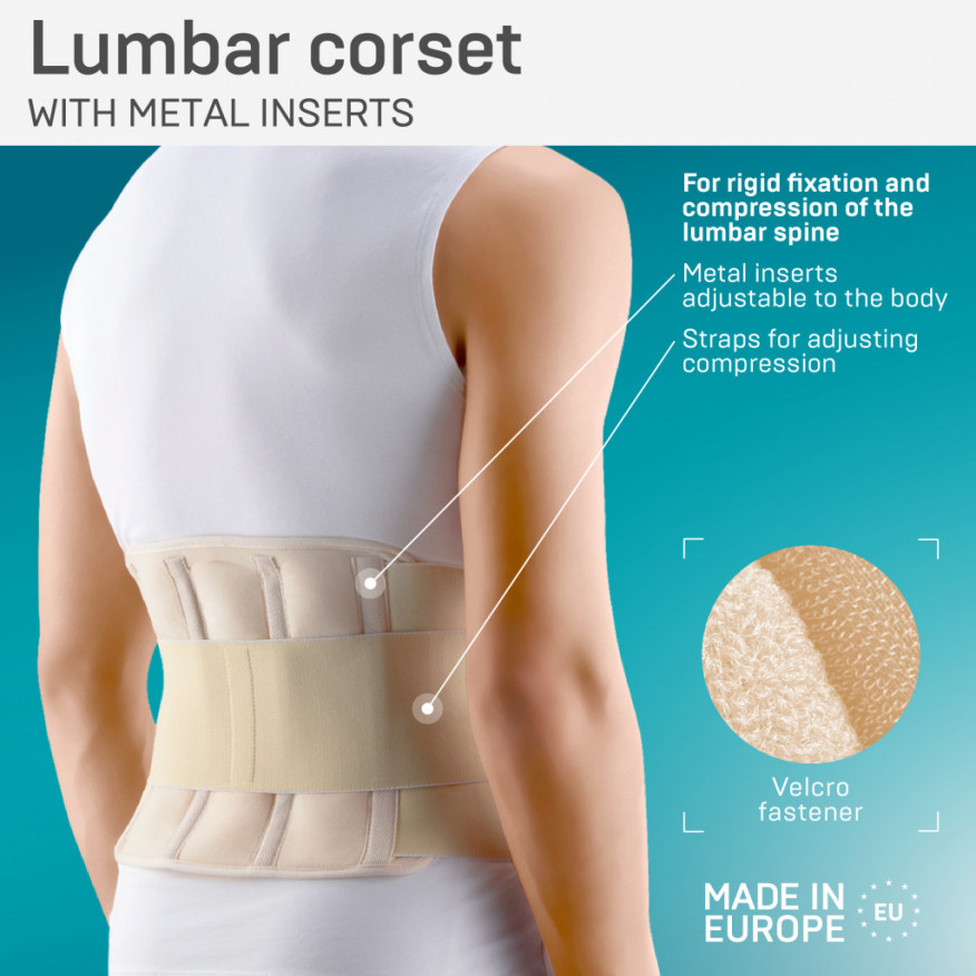 Medizinisches elastisches Lendenfixierkorsett mit Metalleinsätzen und abnehmbaren Riemen zur Regulierung der Kompression. LUX Medizinisches elastisches Lendenfixierkorsett mit Metalleinsätzen und abnehmbaren Riemen zur Regulierung der Kompression. LUX