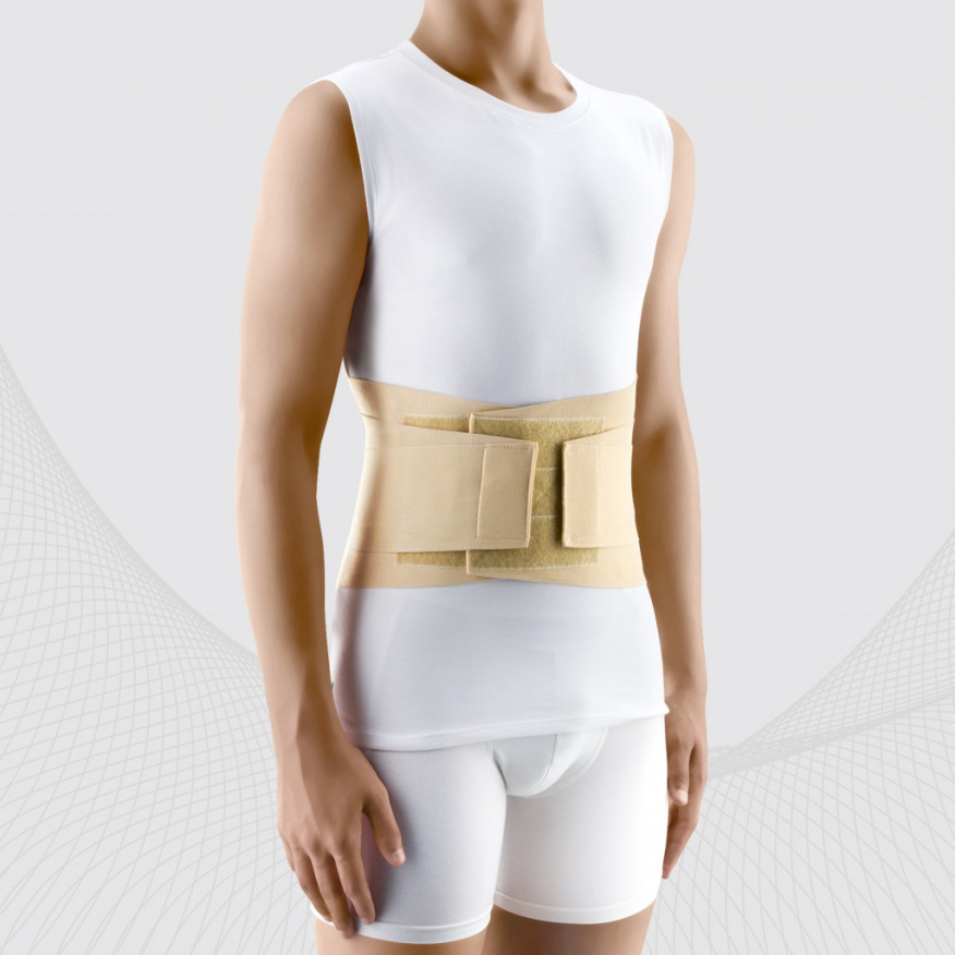 Medizinisches elastisches Lendenfixierkorsett mit steifen Einsätzen und Riemen zur Regulierung der Kompression. Medizinisches elastisches Lendenfixierkorsett mit steifen Einsätzen und Riemen zur Regulierung der Kompression.