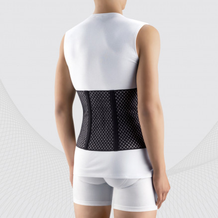Medical elastic postoperative abdominal belt with rigid back inserts from breathable and durable material, with double fixation. AIR