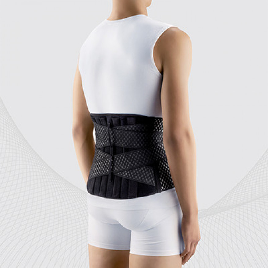 Medizinisches elastisches Lendenfixierkorsett aus atmungsaktivem und strapazierfähigem Material mit Metalleinsätzen und Riemen zur Regulierung der Kompression, verstärkt. AIR Medizinisches elastisches Lendenfixierkorsett aus atmungsaktivem und strapazierfähigem Material mit Metalleinsätzen und Riemen zur Regulierung der Kompression, verstärkt. AIR