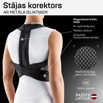 Medicinsk elastisk hållningskorrigerare för övre delen av ryggen, i ventilerande och slitstarkt material med metallinlägg