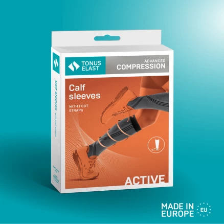 Compression calf sleeves for sport and active lifestyle, with foot straps, unisex. Active