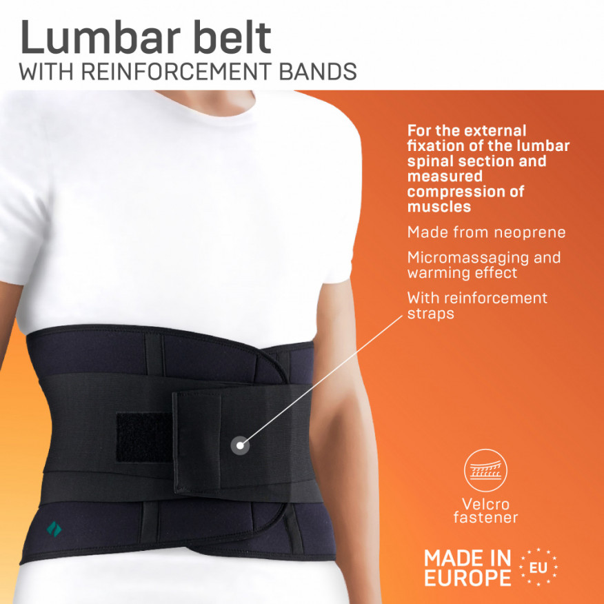 Medical elastic neoprene corset for the lumbar spine, with reinforcement straps