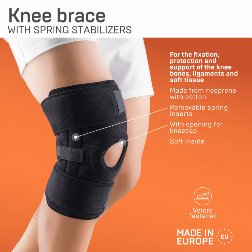 Medical neoprene knee band, with opening for kneecap, spring inserts, universal. LUX Medical neoprene knee band, with opening for kneecap, spring inserts, universal. LUX