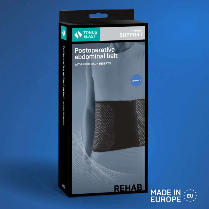 Medicininis pooperacinis diržas, pagamintas iš orui pralaidžios, atsparios medžiagos su plastiko įdėklu. AIR Medicininis pooperacinis diržas, pagamintas iš orui pralaidžios, atsparios medžiagos su plastiko įdėklu. AIR