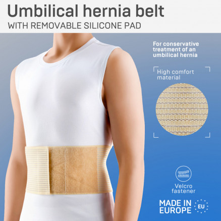 Medisinsk elastisk belte for behandling med umbilisk bronløshet mot umbilisk hernia, med et flyttbart og flyttbart plagg