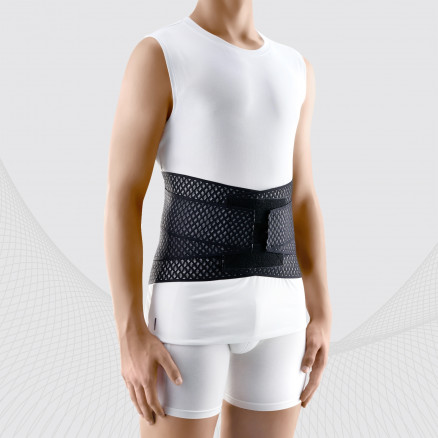 Medical elastic lumbar fixation corset from breathable and durable material with stiff inserts and straps for regulating compression. AIR