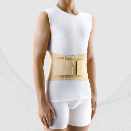 Medical elastic lumbar fixation corset with stiff inserts and straps for regulating  compression.