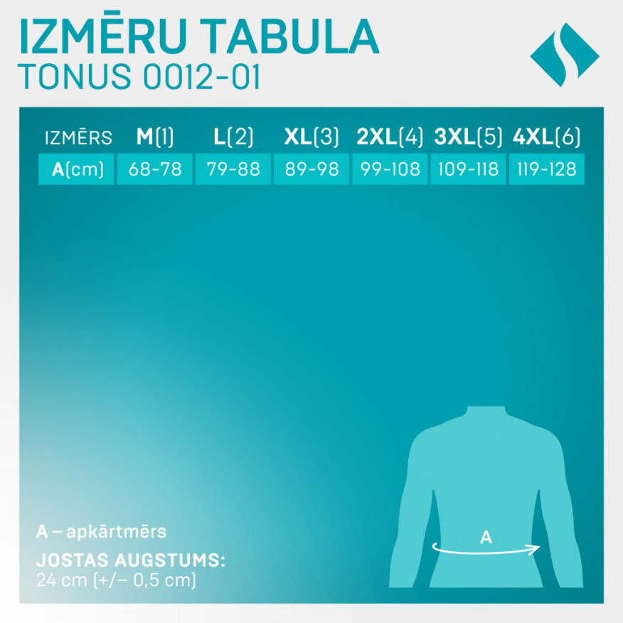 Medicīniskā elastīgā josta mugurkaula jostas daļas fiksācijai, ar šinām un lentēm kompresijas normēšanai.