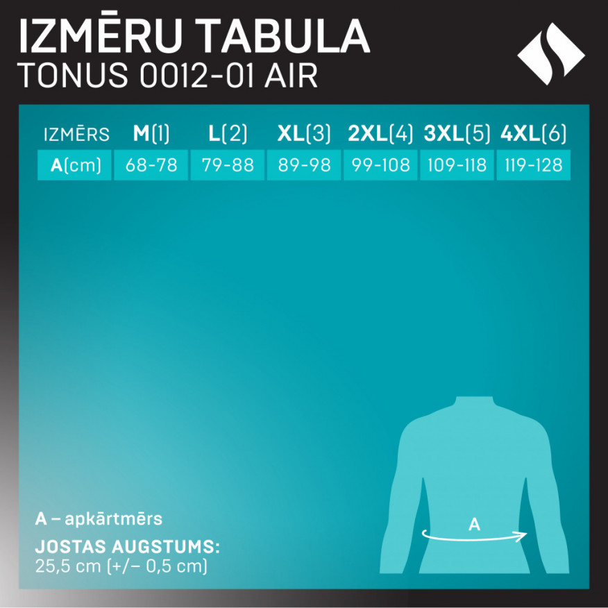 Medicīniskā elastīgā josta mugurkaula jostas un krustu daļas  fiksācijai, no elpojoša, nodilumizturīga materiāla, ar šinām un lencēm kompresijas normēšanai. AIR