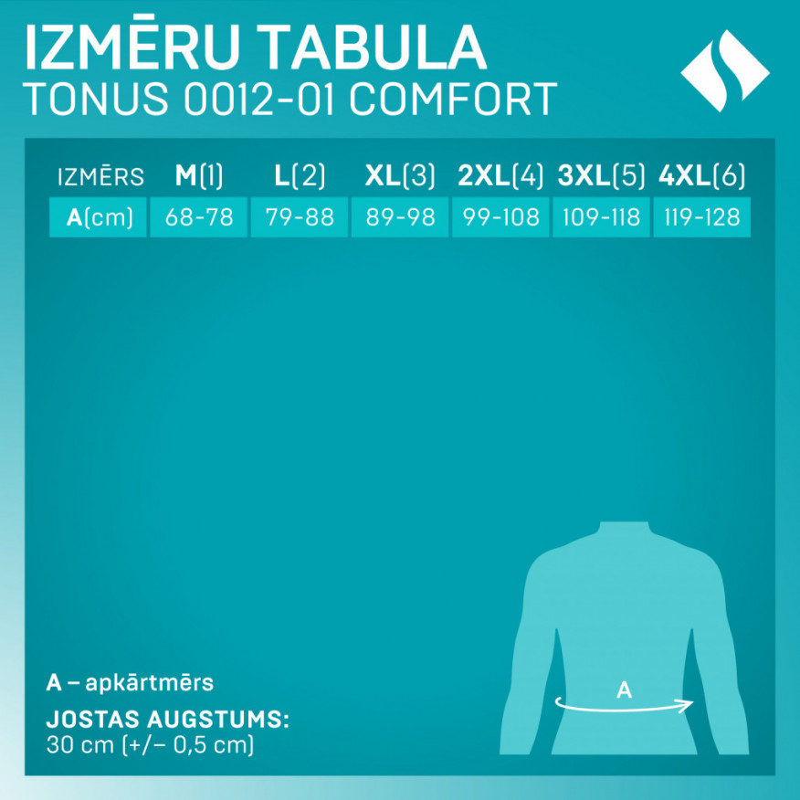 Medicīniskā josta mugurkaula jostasvietas fiksācijai, ar metāla šinām un lentēm kompresijas normēšanai, pastiprināta. Comfort