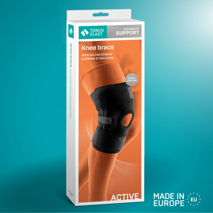 Medical neoprene knee band, with opening for kneecap, spring inserts, universal. LUX Medical neoprene knee band, with opening for kneecap, spring inserts, universal. LUX