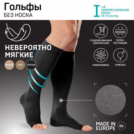 Гольфы медицинские эластичные компрессионные, без мыска, унисекс. Soft