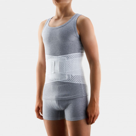 Medical elastic lumbar fixation corset from breathable and durable material with stiff inserts and straps for regulating compression. AIR