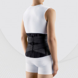 Corset de fixation lombaire élastique médicale à partir de matériaux respirables et durables avec inserts et sangles rigides pour réguler la compression. AIR