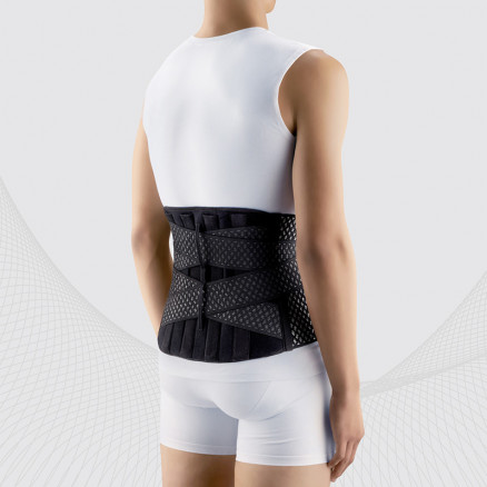 Medical elastic lumbar fixation corset from breathable and durable material with metal inserts and straps for regulating compression, reinforced. AIR