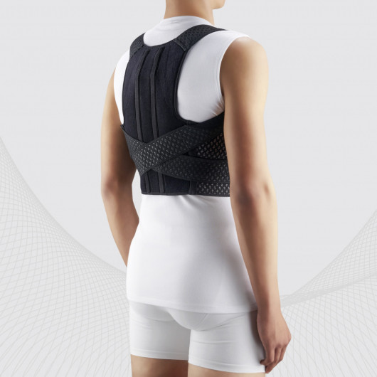 Medical elastic thoracic spine support posture corrector from breathable and durable material with metal inserts.